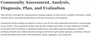 Community Assessment, Analysis, Diagnosis, Plan, and Evaluation