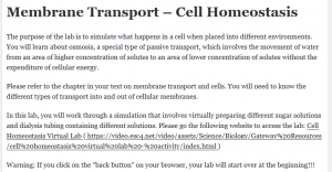 Membrane Transport – Cell Homeostasis