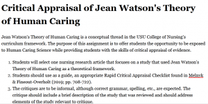 Critical Appraisal of Jean Watson's Theory of Human Caring