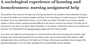 A sociological experience of housing and homelessness: nursing assignment help
