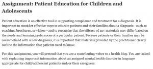 Assignment: Patient Education for Children and Adolescents