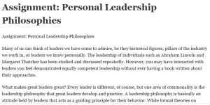 Assignment: Personal Leadership Philosophies