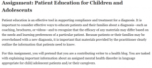 Assignment: Patient Education for Children and Adolescents